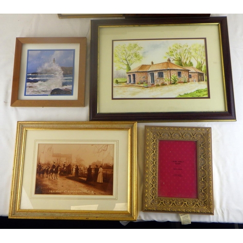 53 - A sampler dated 1886 in a rosewood frame, framed signed watercolour of York Shambles, a framed vinta... 