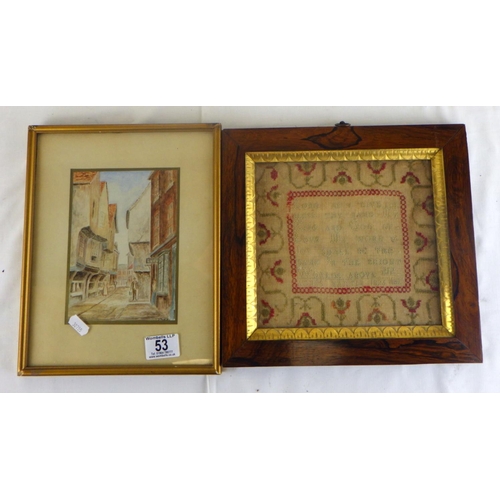 53 - A sampler dated 1886 in a rosewood frame, framed signed watercolour of York Shambles, a framed vinta... 