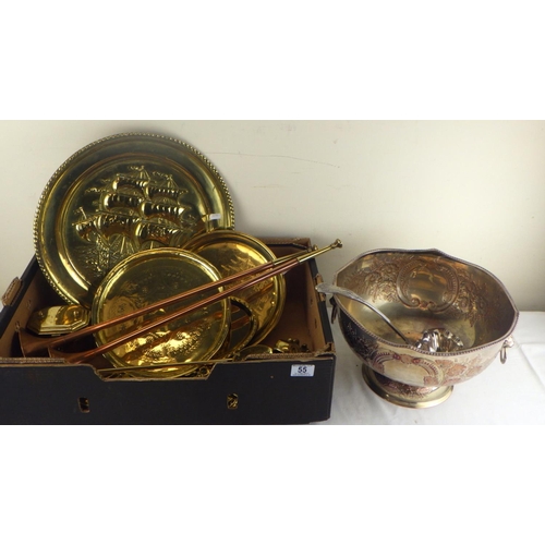 55 - A silver plated punch bowl together with misc brass and copper to include trays, horns etc