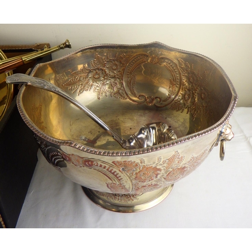 55 - A silver plated punch bowl together with misc brass and copper to include trays, horns etc