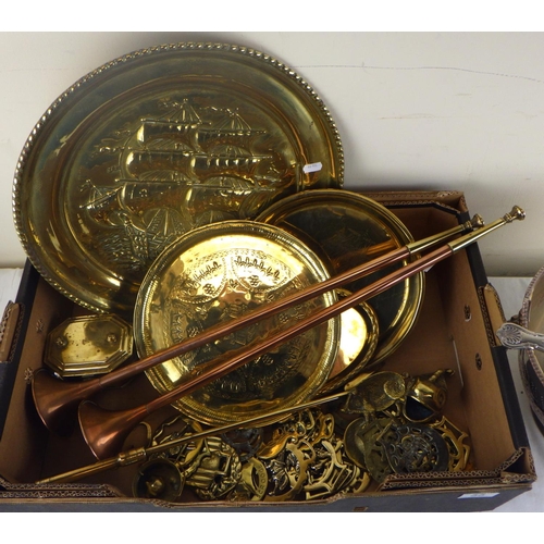 55 - A silver plated punch bowl together with misc brass and copper to include trays, horns etc