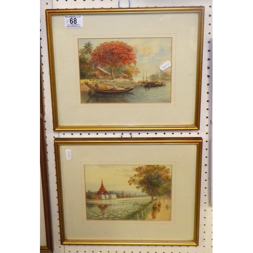 68 - A pair of Burmese framed watercolours together with mountain landscapes and a 