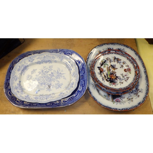 70 - A group of various 19thC plates to include Willow pattern, Pheasant, Ironstone etc (6)