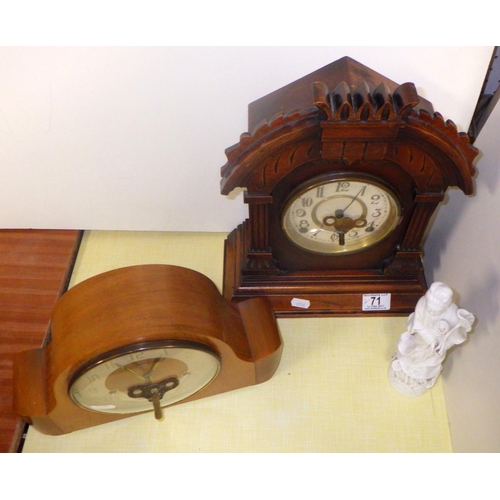 71 - A 19thc bracket clock together with mantle clock and a ceramic Oriental blanc figure (3)