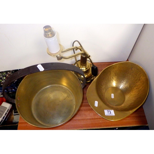 73 - A brass jam pan together with a table lamp and a Culinary Concepts helmet shaped mixing bowl (3)