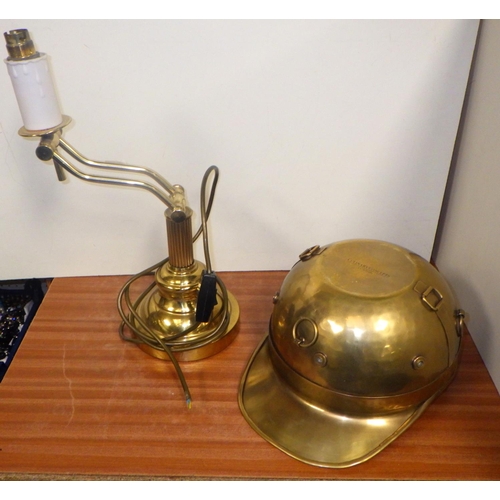 73 - A brass jam pan together with a table lamp and a Culinary Concepts helmet shaped mixing bowl (3)