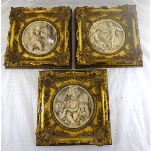 101 - Three modern gilt framed resin plates together with two prints (5)