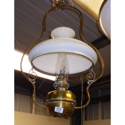 117 - A Converted hanging brass oil lamp with milk white glass shade