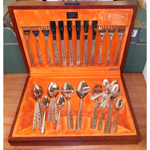 143 - A cased canteen of cutlery, silver plate incl cutlery, modern telescopic guns sights, a print prospe... 