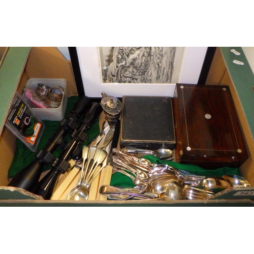 143 - A cased canteen of cutlery, silver plate incl cutlery, modern telescopic guns sights, a print prospe... 