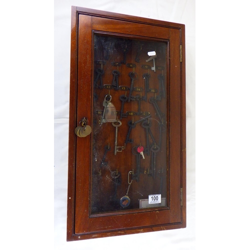 100 - An early 20thC mahogany key cabinet with keys 34 x 63cm