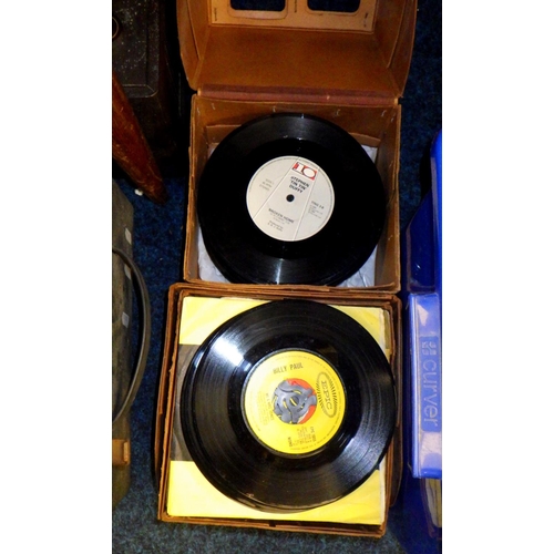 159 - A HMV record player, misc singles, Lps and a reel-reel