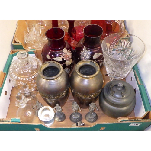 170 - A qty of misc glass to include Cranberry jug etc togetyher with Pewter barrel, whistle, figures, etc... 