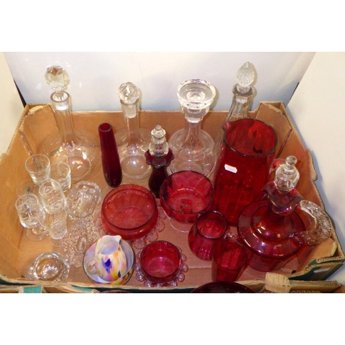 170 - A qty of misc glass to include Cranberry jug etc togetyher with Pewter barrel, whistle, figures, etc... 