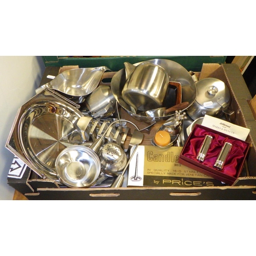 182 - A qty of misc stainless steel kitchen wares together with glass ware and a loom wash basket (3)