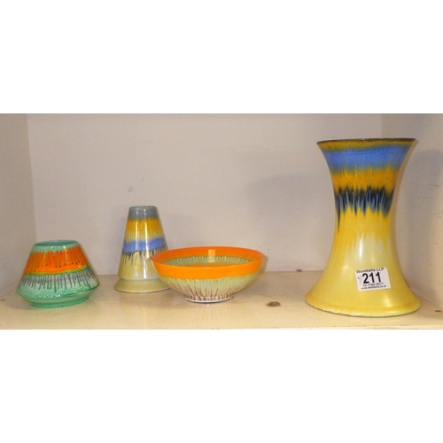 211 - A Shelley Art Deco Drip ware vase 20cm tall together with a two smaller vases and a bowl (4)