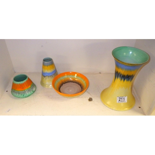 211 - A Shelley Art Deco Drip ware vase 20cm tall together with a two smaller vases and a bowl (4)