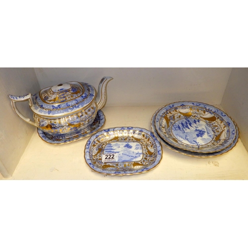 222 - A qty of 19thC blue & white tea ware together with a floral tea pot AF