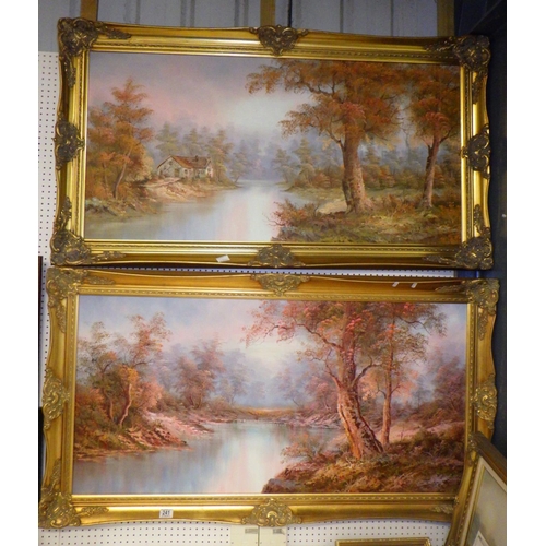 241 - Two large framed river scene oils together with box of misc prints & pictures