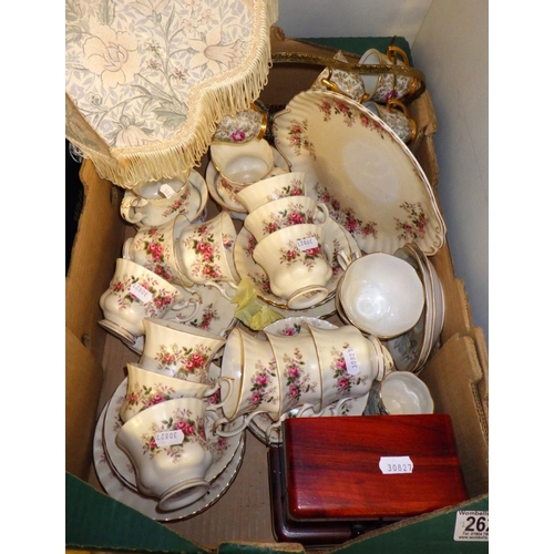 262 - A part Royal Albert Lavender Rose tea set together with further tea ware, cigarette box, lamp etc