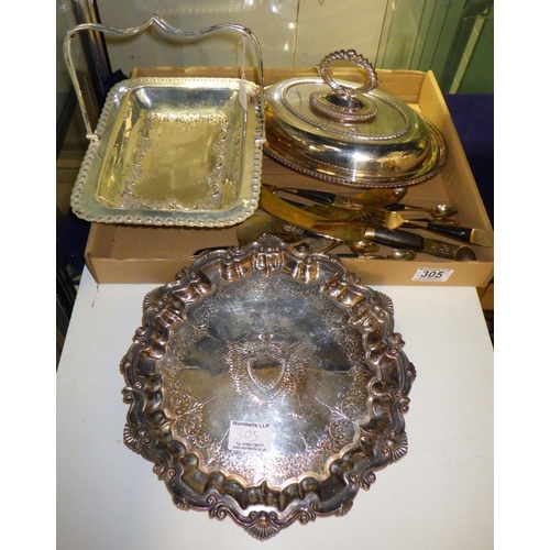 305 - A silver plated salver together with further silver plate and Oriental cutlery