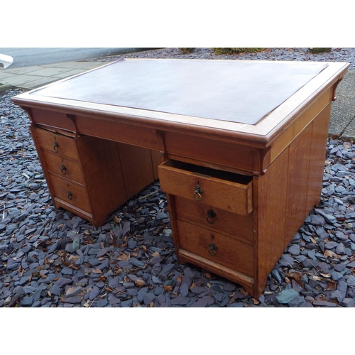 504 - A late Victorian light oak Aesthetic movement pedestal desk, some damage, 153cm wide, ex The Retreat... 