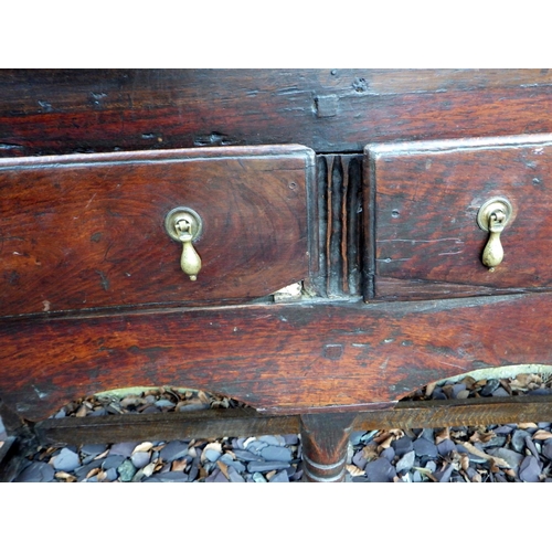 506 - An 18th cen oak dresser base, later stretchers, (a/f), 190cm wide, ex The Retreat (13)