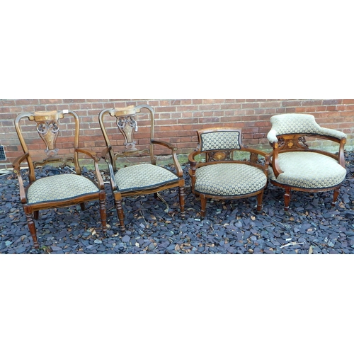 508 - A pair of Edwardian rosewood & inlaid salon armchairs together with two Edwardian rosewood & inlaid ... 