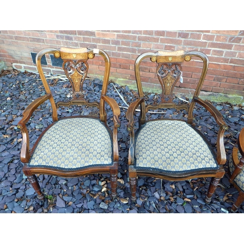 508 - A pair of Edwardian rosewood & inlaid salon armchairs together with two Edwardian rosewood & inlaid ... 