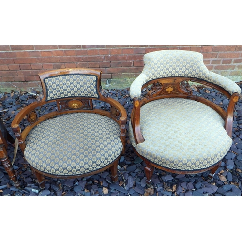 508 - A pair of Edwardian rosewood & inlaid salon armchairs together with two Edwardian rosewood & inlaid ... 