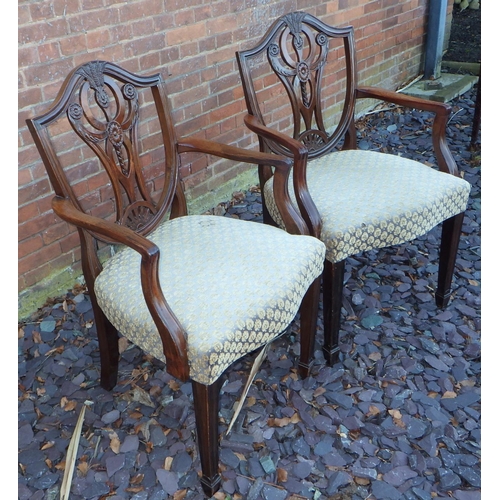 527 - A pair of Edwardian Hepplewhite style carver dining chairs, ex The Retreat (16)