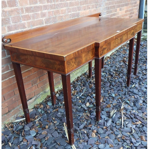 532 - A mahogany & satinwood banded breakfront serving table on fluted square tapering legs, later gallery... 