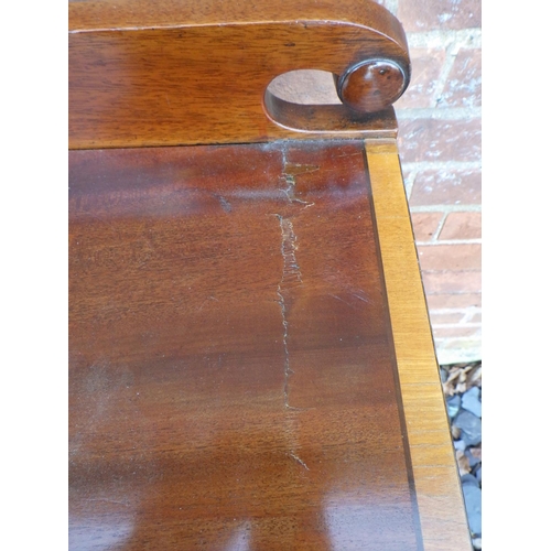 532 - A mahogany & satinwood banded breakfront serving table on fluted square tapering legs, later gallery... 