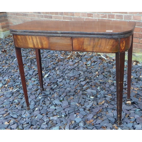 550 - A 19th cen mahogany card table on square tapering legs with block feet, leather inset top, ex The Re... 