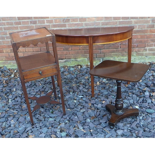 554 - A mahogany & inlaid demi-lune side table together with a Geo III mahogany bowl stand and a small mah... 