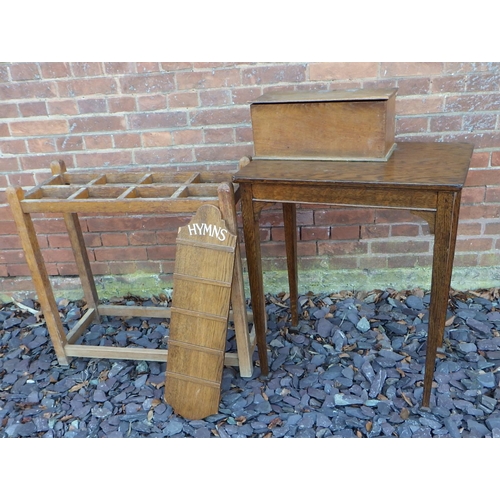 566 - An oak stick stand, side table, small box & hymn board (4), ex The Retreat (134 & 80)