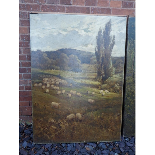 568 - Oil on canvas, sheep & shepherd in woodland, 127cmx92cm, bearing signature, F.E. Grone, together wit... 