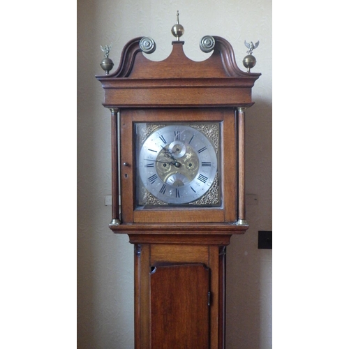 575 - William Atkinson, Sheffield, eight day oak longcase clock, brass face with silvered chapter ring, da... 