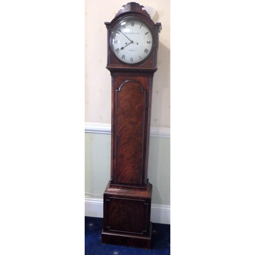 576 - A 19th cen eight day mahogany longcase clock, Whitehurst Derby, circular face, arched top, 206cm tal... 