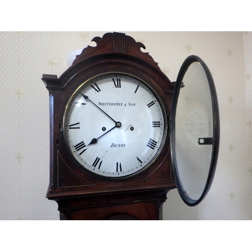 576 - A 19th cen eight day mahogany longcase clock, Whitehurst Derby, circular face, arched top, 206cm tal... 