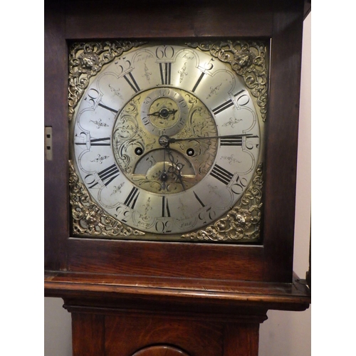 580 - An 18th cen oak longcase clock, Robert Scholfield, Rochdale, brass face, date & seconds hands, 225cm... 