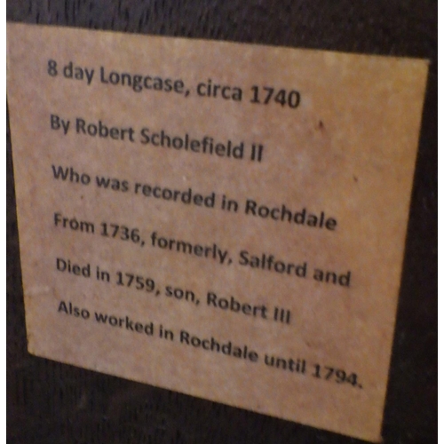 580 - An 18th cen oak longcase clock, Robert Scholfield, Rochdale, brass face, date & seconds hands, 225cm... 