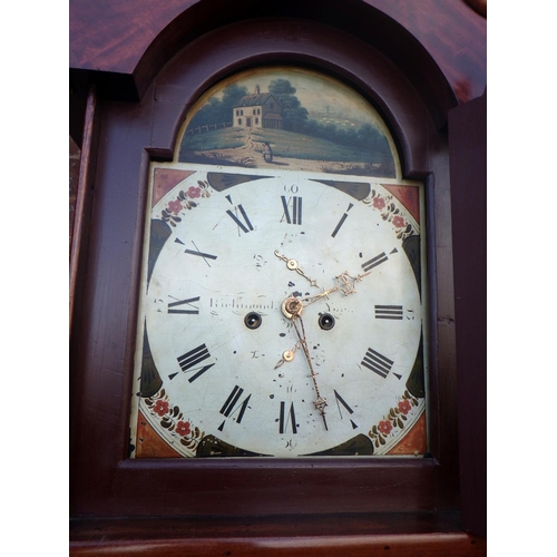 581 - A 19th cen, eight day, oak & mahogany banded longcase clock with painted face, Richmond, Yorks, miss... 