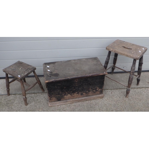 628 - A Victorian toolbox together with two stools a/f (3)