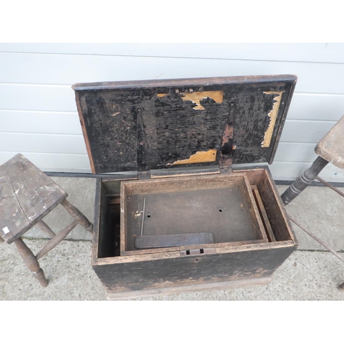 628 - A Victorian toolbox together with two stools a/f (3)