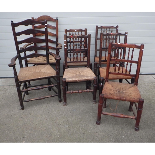 638 - Five provincial spindle back chairs together with two ladderback chairs (7)