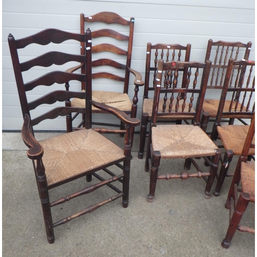 638 - Five provincial spindle back chairs together with two ladderback chairs (7)