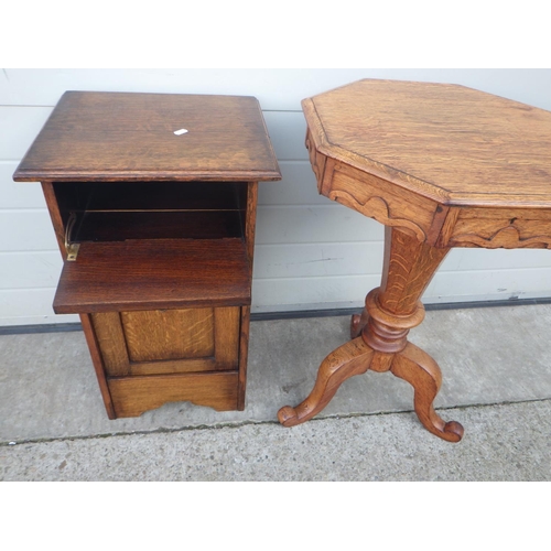 682 - An octagonal oak work table, missing interior, together with an oak purdonium (2)