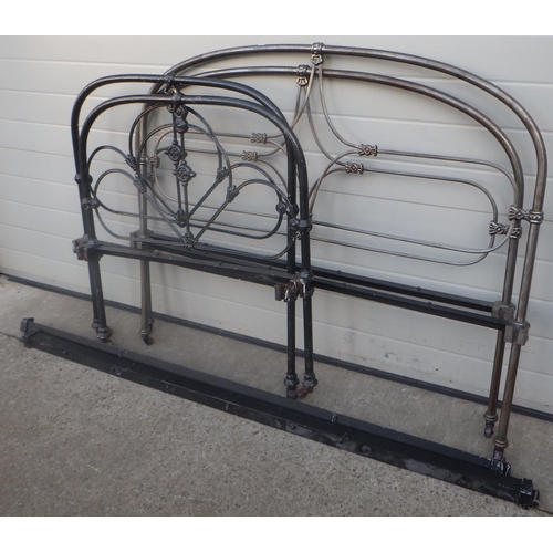 688 - Two wrought iron bed ends, single & double,  missing one set of irons