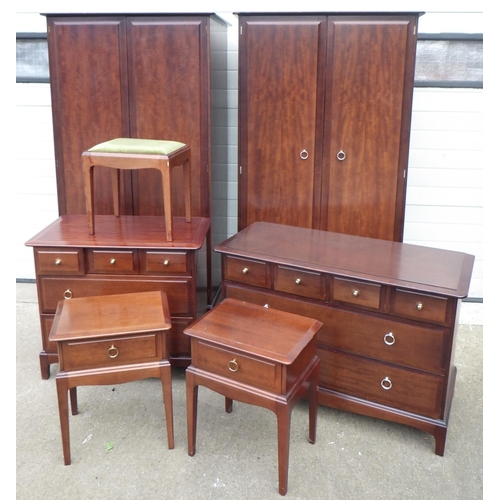 723 - Two Stag Minstrel wardrobes, two chest's of drawers, pair of bedside tables and a stool (7)